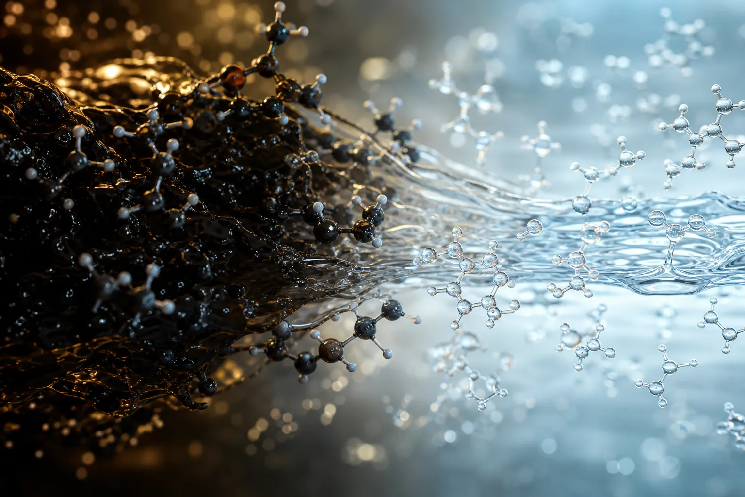 Contraste molecular entre un líquido oscuro y agua transparente