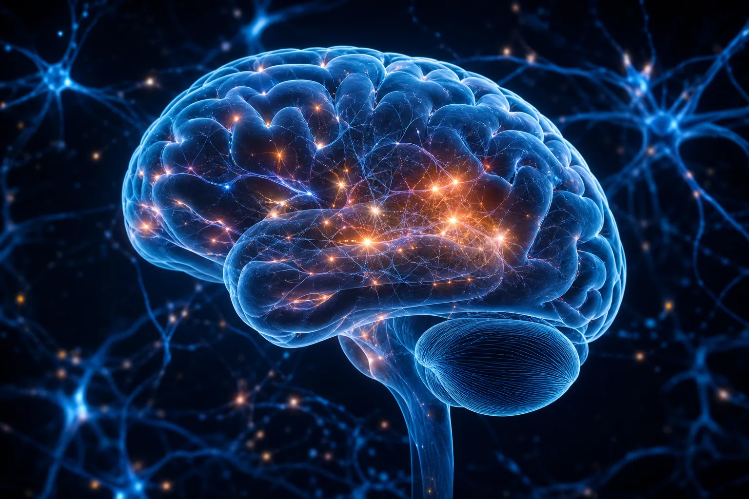 Cerebro humano con neuronas y sinapsis iluminadas, ilustración científica