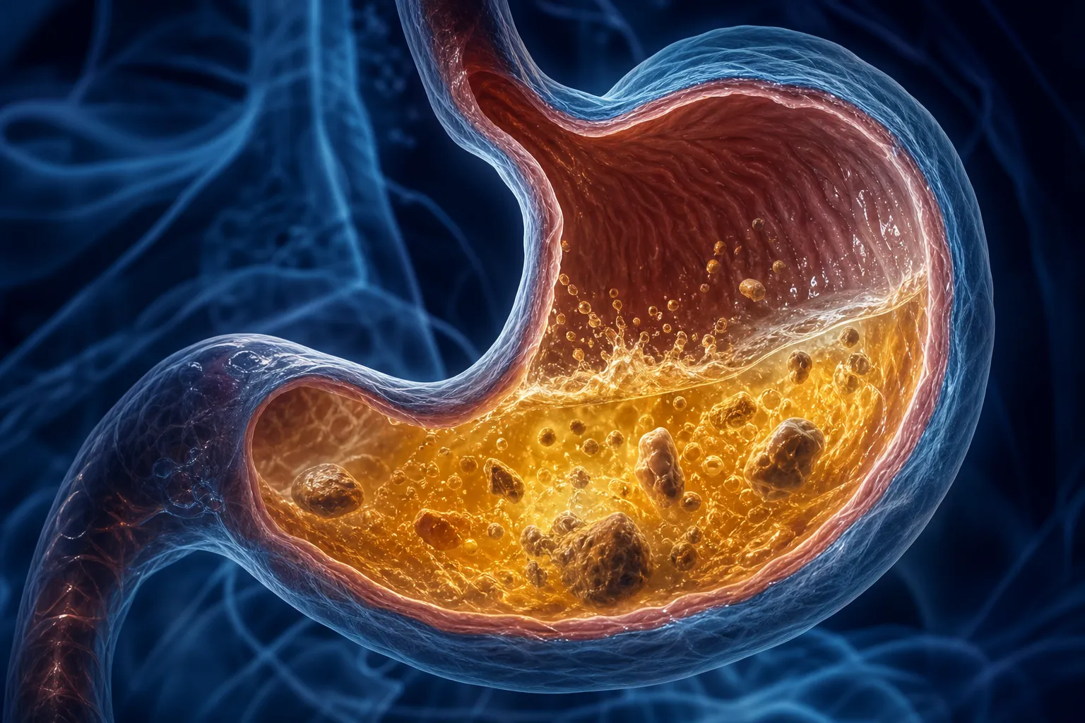 Ilustración médica del proceso de digestión y absorción en el estómago