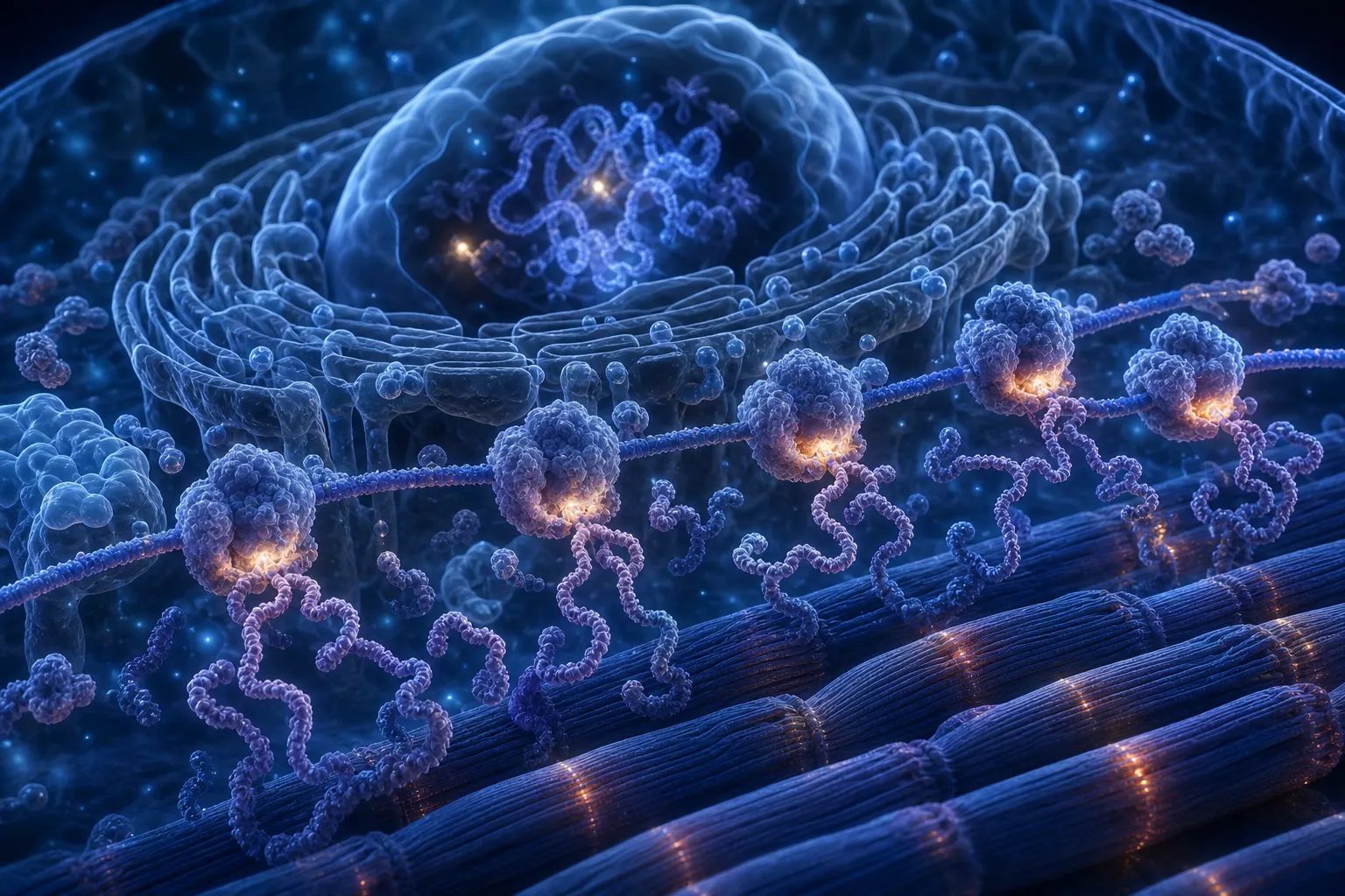Ilustración científica de síntesis de proteína muscular