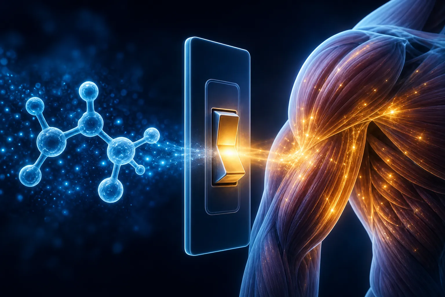 Visualización científica del umbral de leucina activando la síntesis muscular