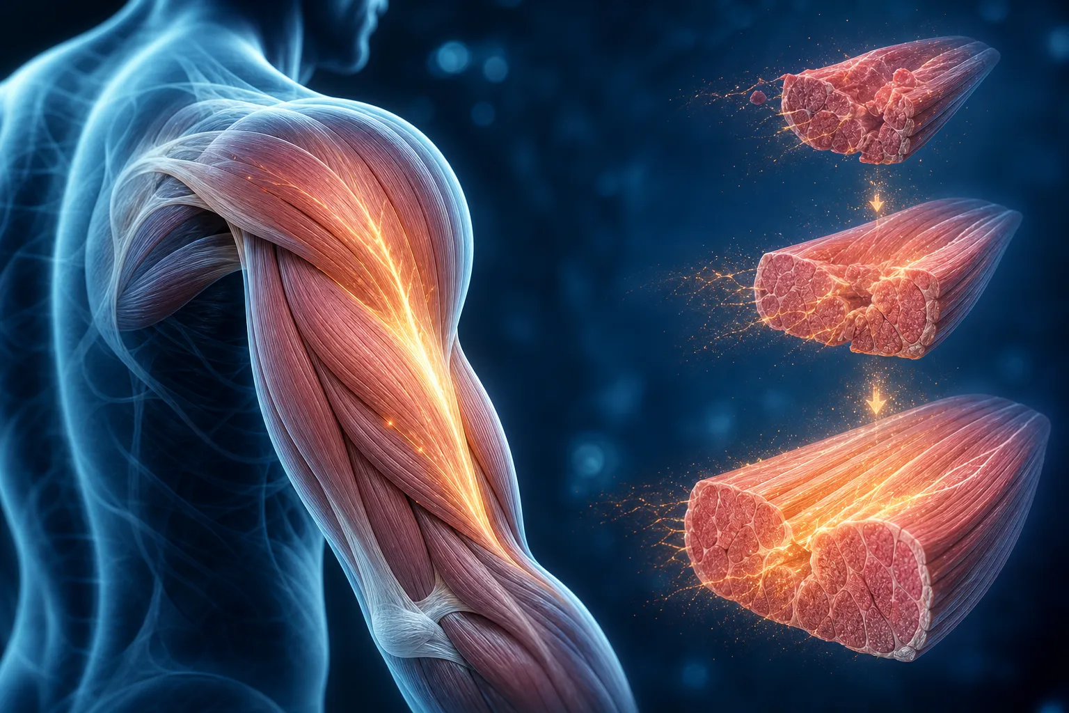 Ilustración de tejido muscular regenerándose con energía dorada