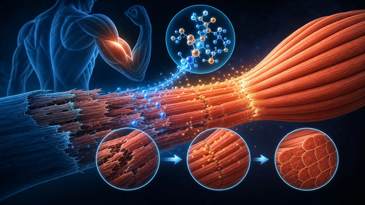 Ilustración médica de fibras musculares reparándose tras la ingesta de proteína