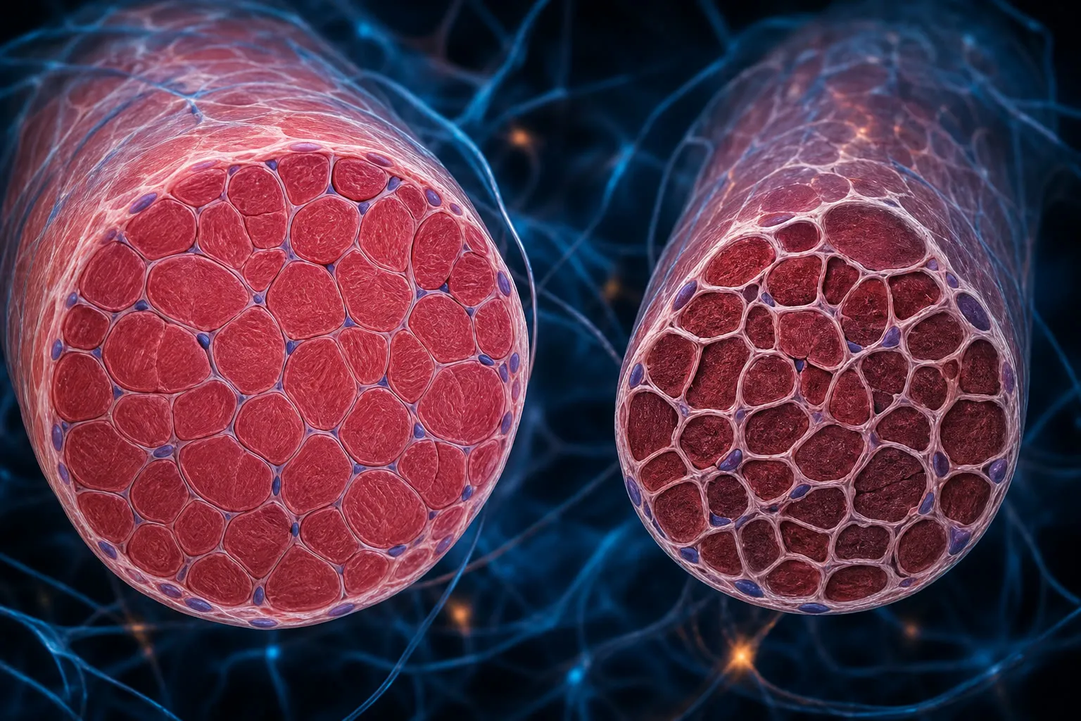 Comparación de fibra muscular sana y con pérdida por sarcopenia