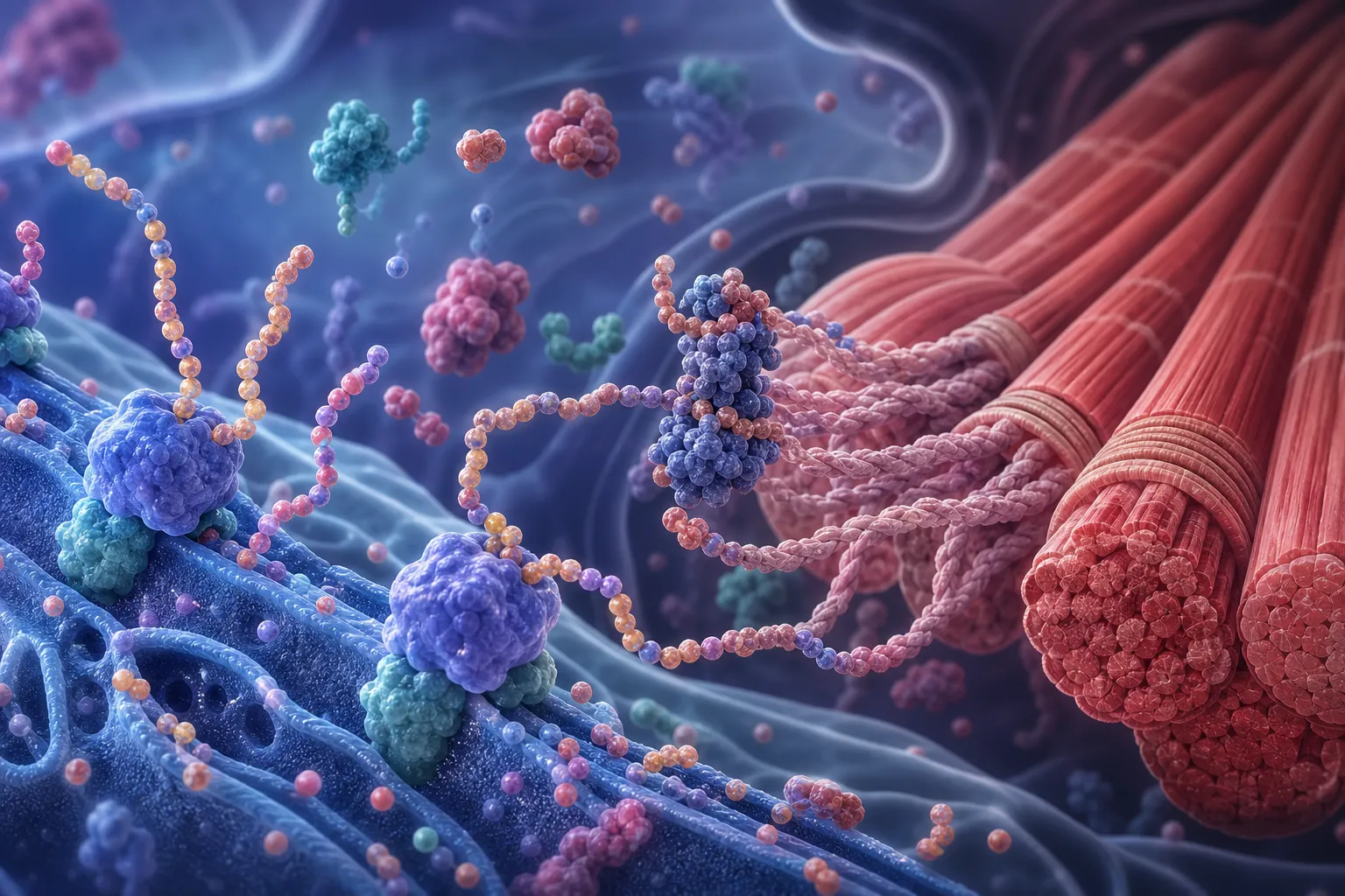 Visualización científica de la síntesis de proteína muscular a nivel celular